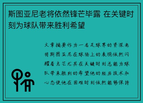 斯图亚尼老将依然锋芒毕露 在关键时刻为球队带来胜利希望